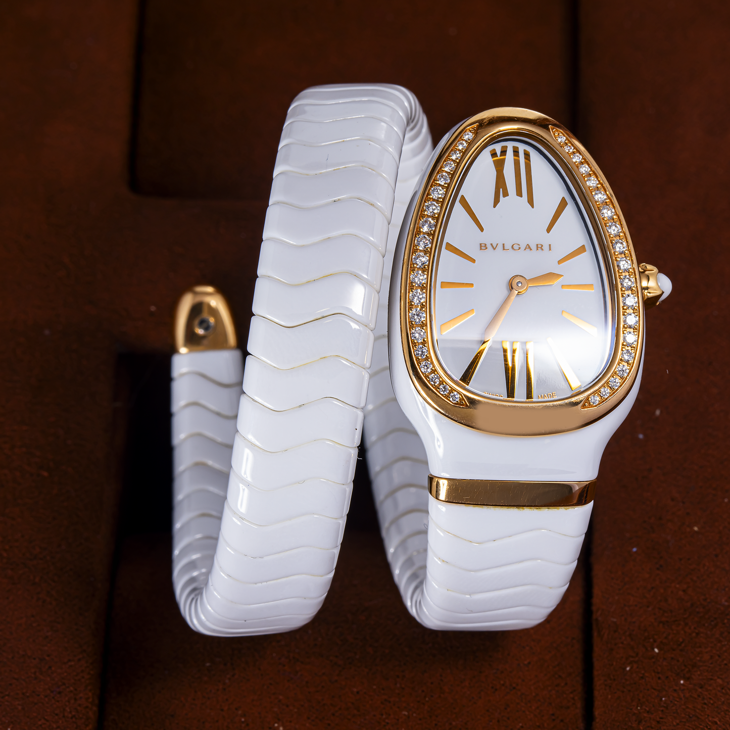 Bvlgari Serpenti Spiga White Ceramic 18K Rose Gold Diamond Watch – 102613
