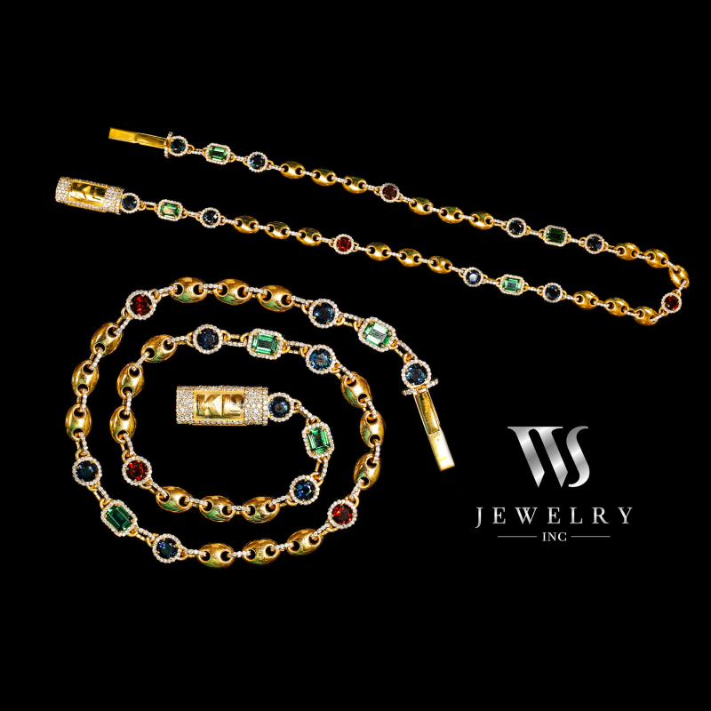 Custom Multi-Gemstone Puffed Mariner Chain & Bracelet Set — Gold