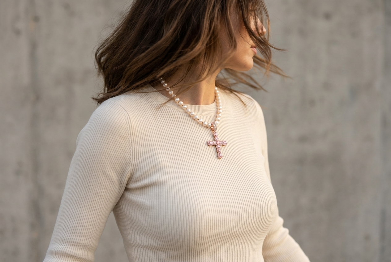 Pink Cross Pearl Necklace