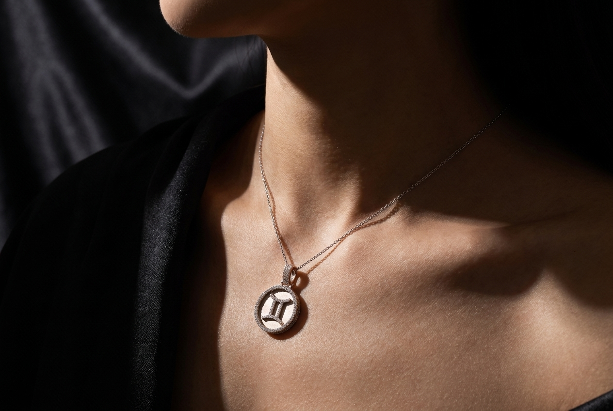 White Gold Gemini Zodiac Medallion Pendant — Pave Diamond