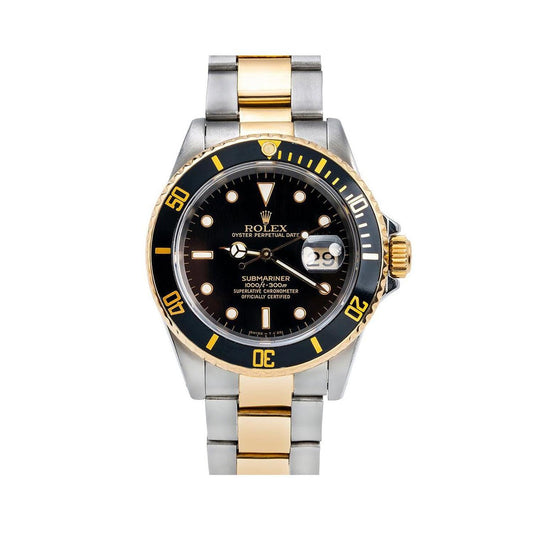 Rolex Submariner Date 40MM 16803 Black Dial Black Ceramic Bezel Two Tone Yellow Gold Oyster Bracelet front view