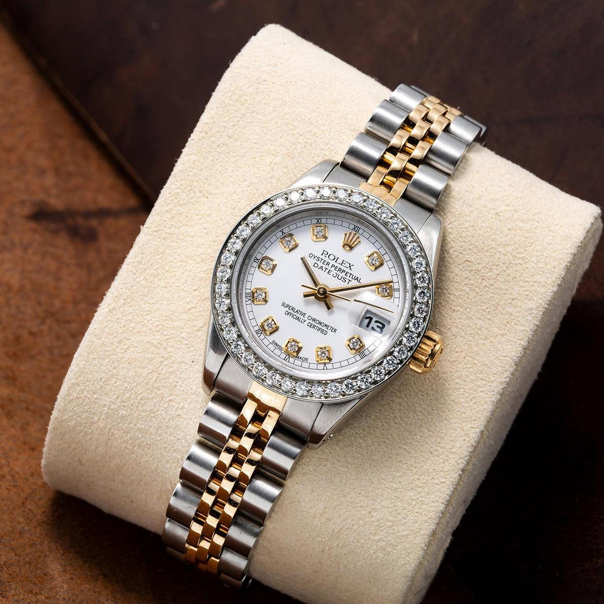Rolex Datejust 26MM 6917 White Diamond Dial Diamond Bezel Two Tone Yellow Gold Jubilee Bracelet 1.2ct worn on wrist