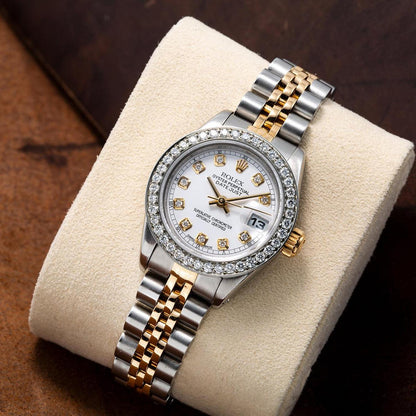 Rolex Datejust 26MM 6917 White Diamond Dial Diamond Bezel Two Tone Yellow Gold Jubilee Bracelet 1.2ct worn on wrist