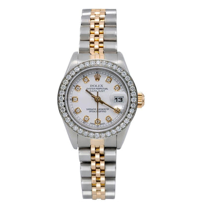 Rolex Datejust 26MM 6917 White Diamond Dial Diamond Bezel Two Tone Yellow Gold Jubilee Bracelet 1.2ct front view