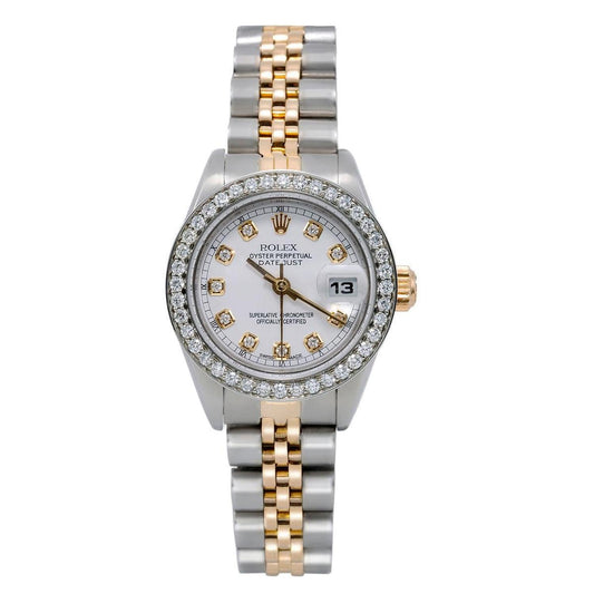 Rolex Datejust 26MM 6917 White Diamond Dial Diamond Bezel Two Tone Yellow Gold Jubilee Bracelet 1.2ct front view