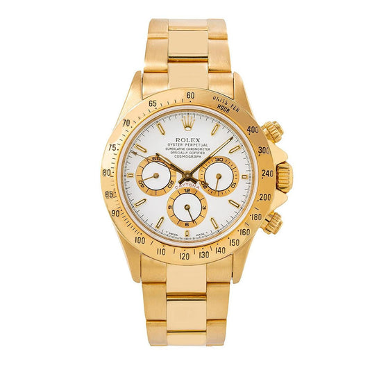 Rolex Cosmograph Daytona 40MM 16528 White Dial Tachymeter Bezel 18K Yellow Gold Oyster Bracelet front view