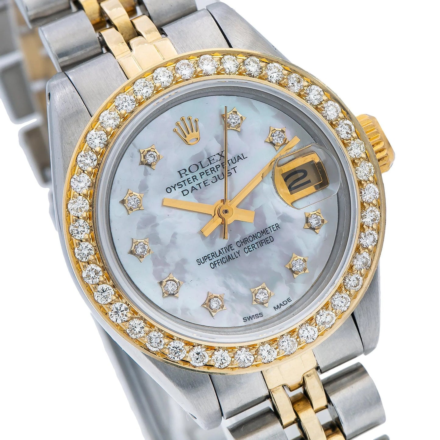 Rolex Datejust 26mm 6917 White Mother of Pearl Diamond Dial Diamond Bezel Two-Tone Yellow Gold Jubilee Bracelet – 0.90 CT