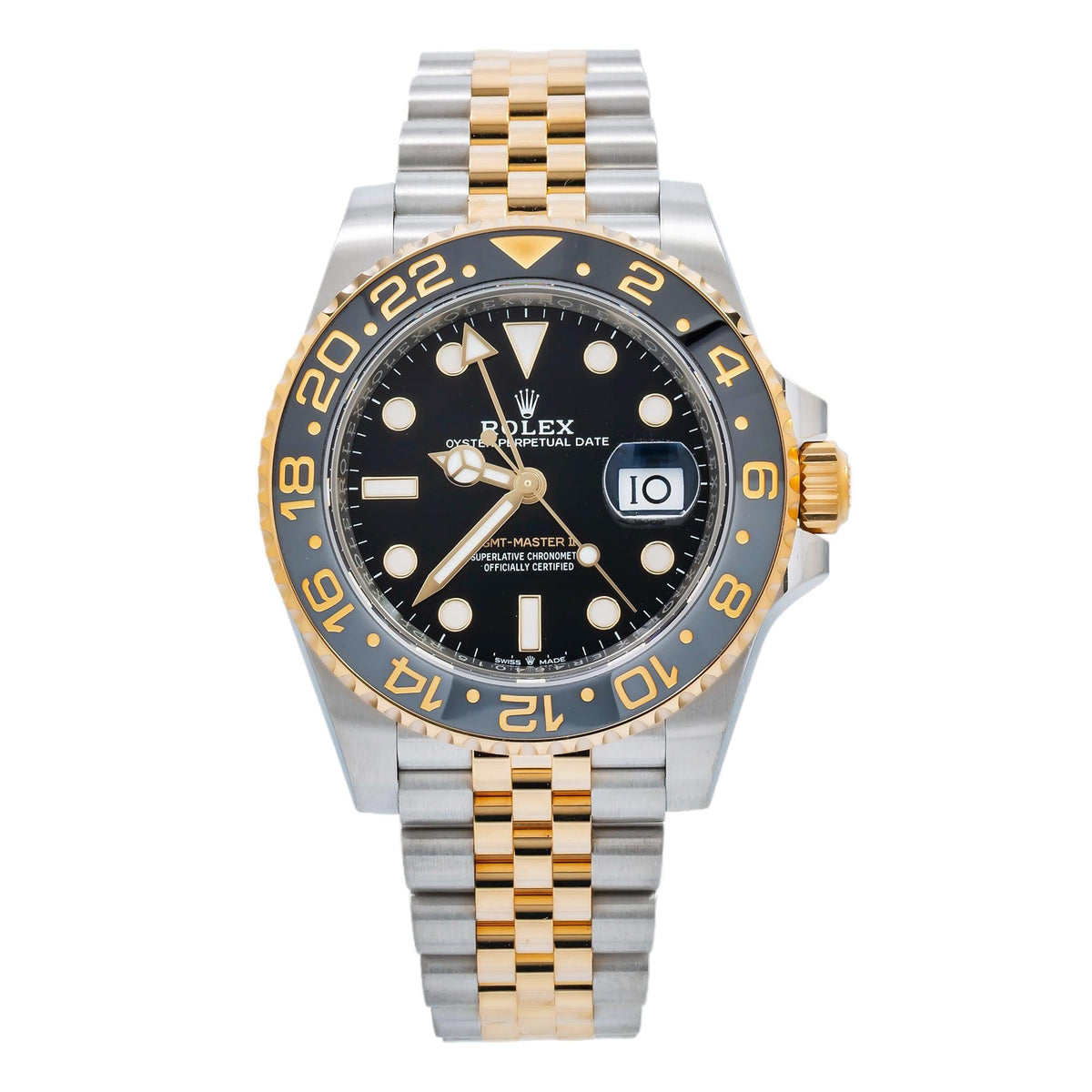 Rolex GMT-Master II 40MM 126713GRNR Zombie Black Dial Black Ceramic Bezel Two Tone Yellow Gold Jubilee Bracelet front view