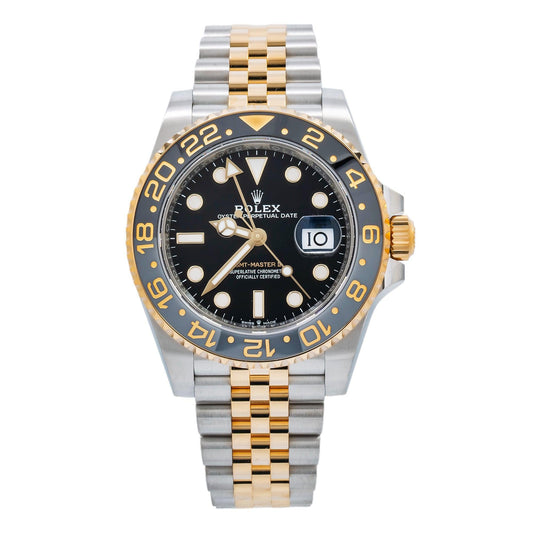Rolex GMT-Master II 40MM 126713GRNR Zombie Black Dial Black Ceramic Bezel Two Tone Yellow Gold Jubilee Bracelet front view