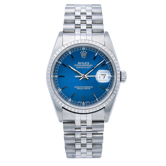 Rolex Datejust 36MM 16220 Blue Dial Engine Turned Bezel Stainless Steel Jubilee Bracelet front view