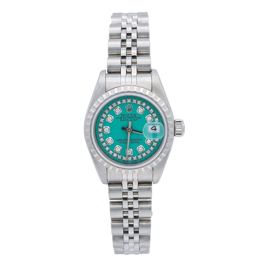 Rolex Datejust 26MM 6916 Turquoise Diamond Dial Engine Turned Bezel Stainless Steel Jubilee Bracelet front view