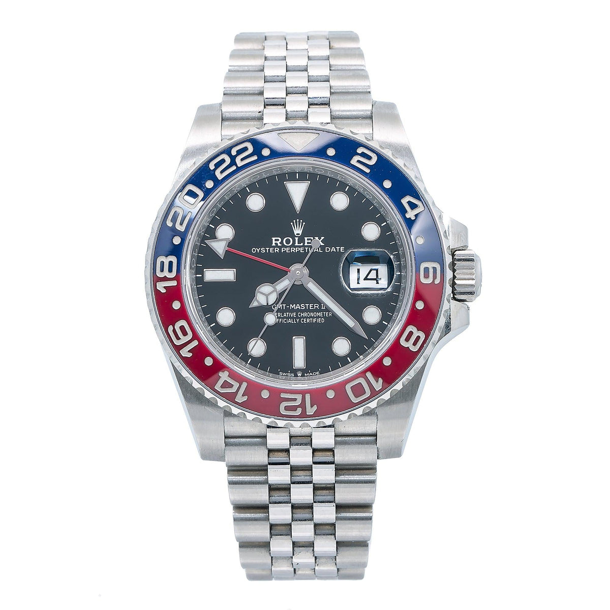 Rolex GMT-Master II 40MM 126710BLRO Pepsi Black Dial Blue & Red Ceramic Bezel Stainless Steel Jubilee Bracelet front view