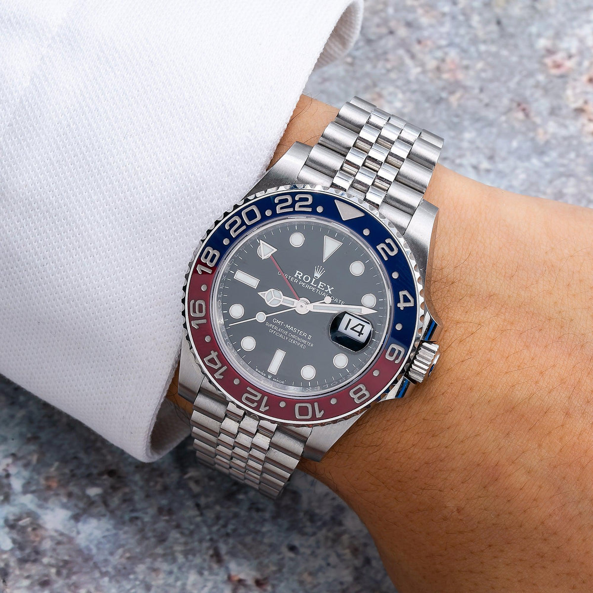 Rolex GMT-Master II 40MM 126710BLRO Pepsi Black Dial Blue & Red Ceramic Bezel Stainless Steel Jubilee Bracelet worn on wrist