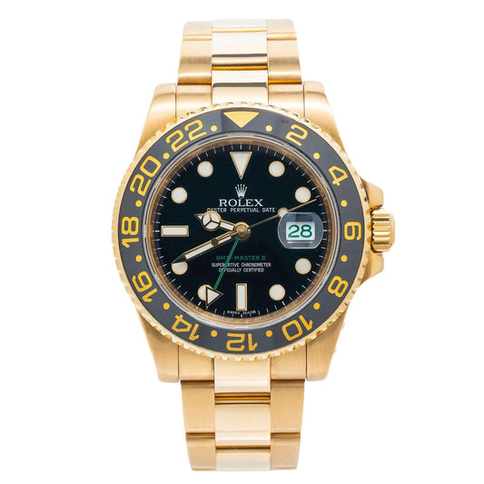 Rolex GMT-Master II 40MM 116718 Black Dial Black Ceramic Bezel 18K Yellow Gold Oyster Bracelet front view