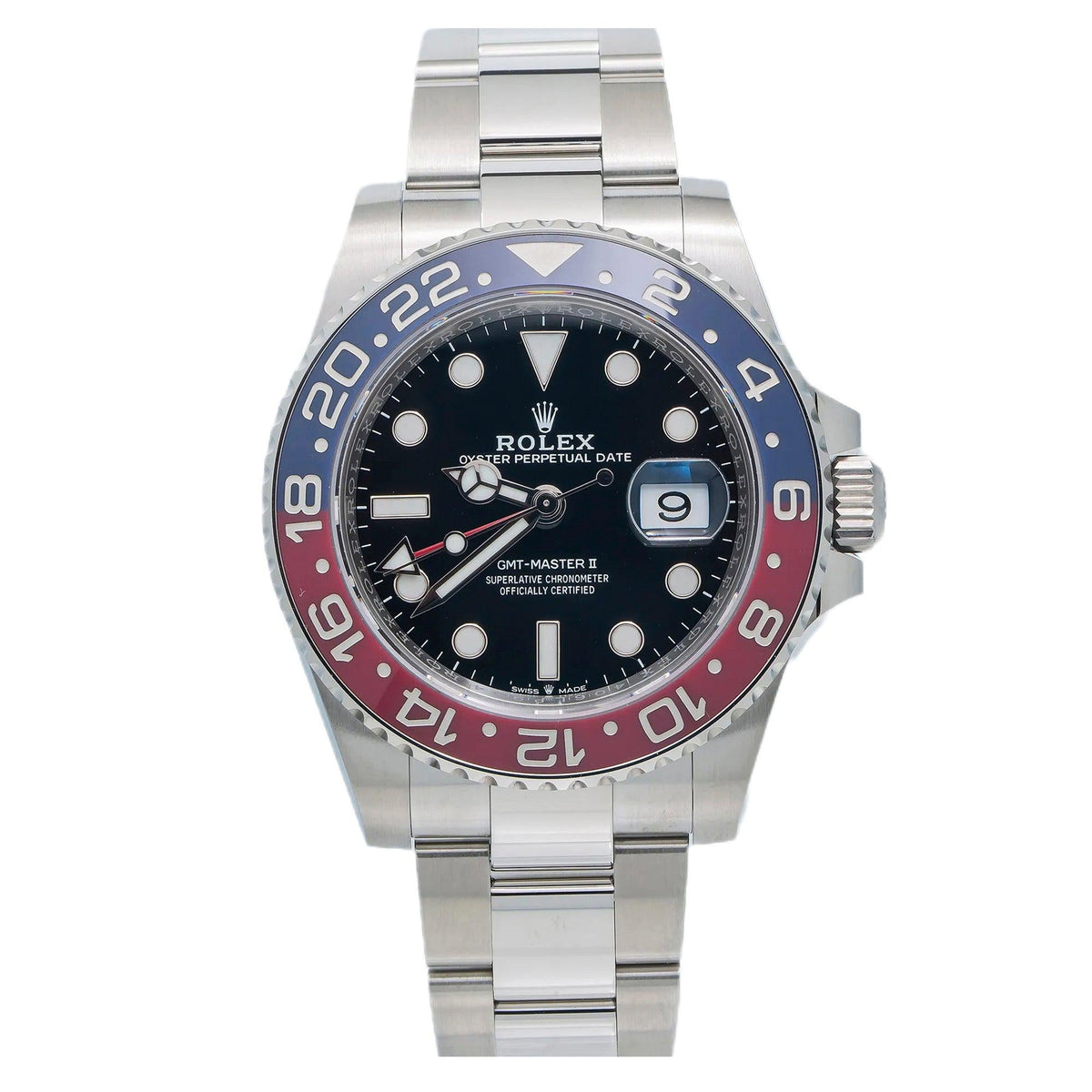 Rolex GMT-Master II 40MM 126710BLRO Pepsi Black Dial Blue & Red Ceramic Bezel Stainless Steel Oyster Bracelet front view