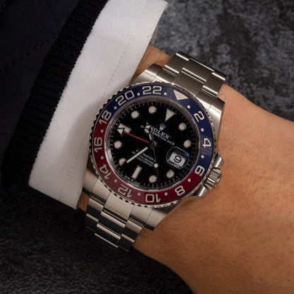 Rolex GMT-Master II 40MM 126710BLRO Pepsi Black Dial Blue & Red Ceramic Bezel Stainless Steel Oyster Bracelet worn on wrist