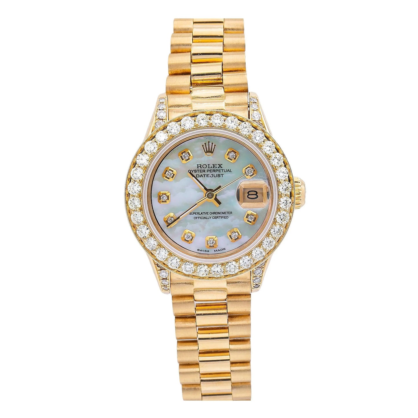 Rolex Datejust 26mm 69178 White Mother of Pearl Diamond Dial Diamond Bezel 18K Yellow Gold President Bracelet