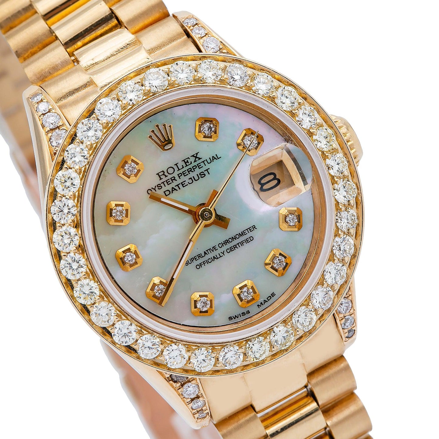 Rolex Datejust 26mm 69178 White Mother of Pearl Diamond Dial Diamond Bezel 18K Yellow Gold President Bracelet