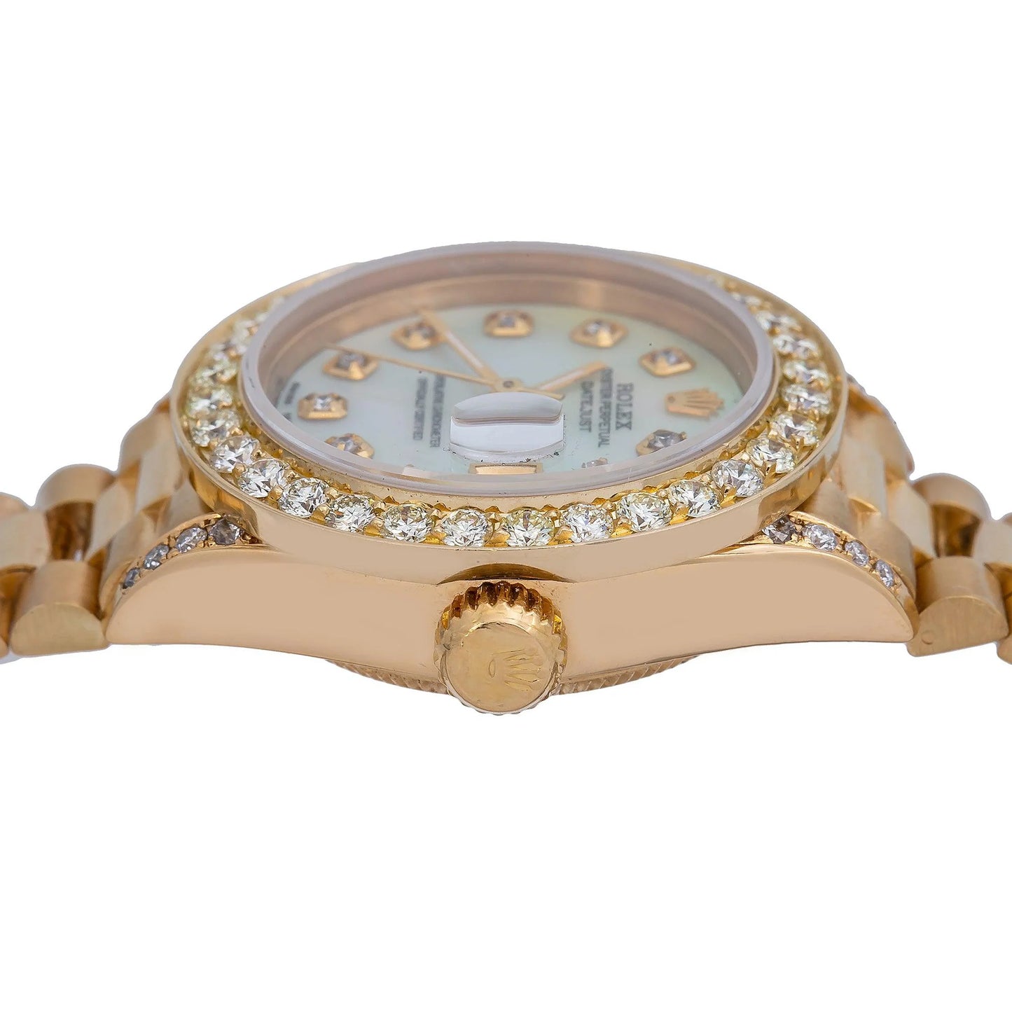 Rolex Datejust 26mm 69178 White Mother of Pearl Diamond Dial Diamond Bezel 18K Yellow Gold President Bracelet