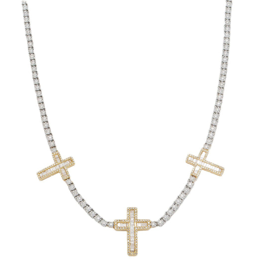 10K GOLD BAGUETTE AND ROUND DIAMOND CROSS TWO TONE TENNIS CHAIN 2.40 CT product view