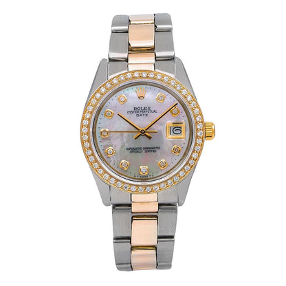 Rolex Date 34MM 1505 White Mother of Pearl Diamond Dial Diamond Bezel Two Tone Yellow Gold Oyster Bracelet 1.2ct front view
