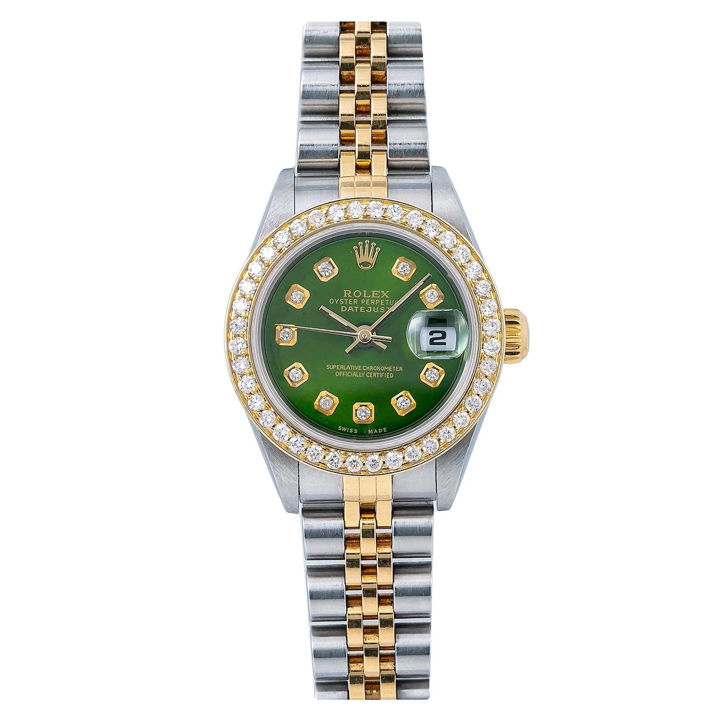 Rolex Datejust 26mm 69173 Green Diamond Dial and Diamond Bezel, two-tone Yellow Gold Jubilee Bracelet