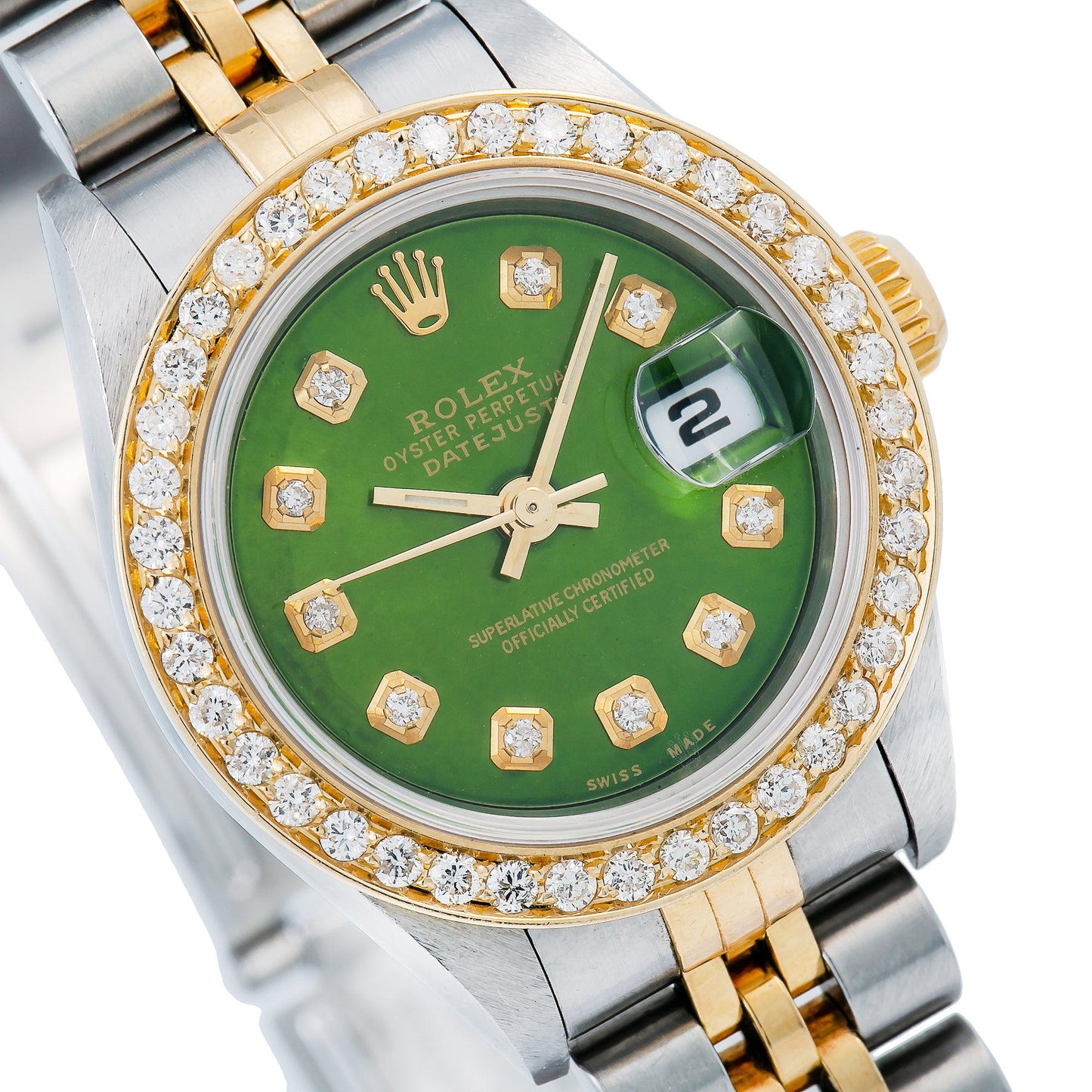 Rolex Datejust 26mm 69173 Green Diamond Dial and Diamond Bezel, two-tone Yellow Gold Jubilee Bracelet
