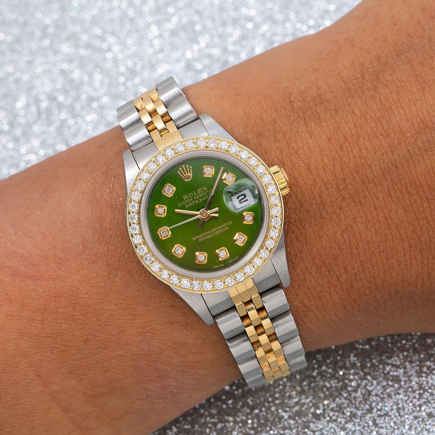 Rolex Datejust 26mm 69173 Green Diamond Dial and Diamond Bezel, two-tone Yellow Gold Jubilee Bracelet