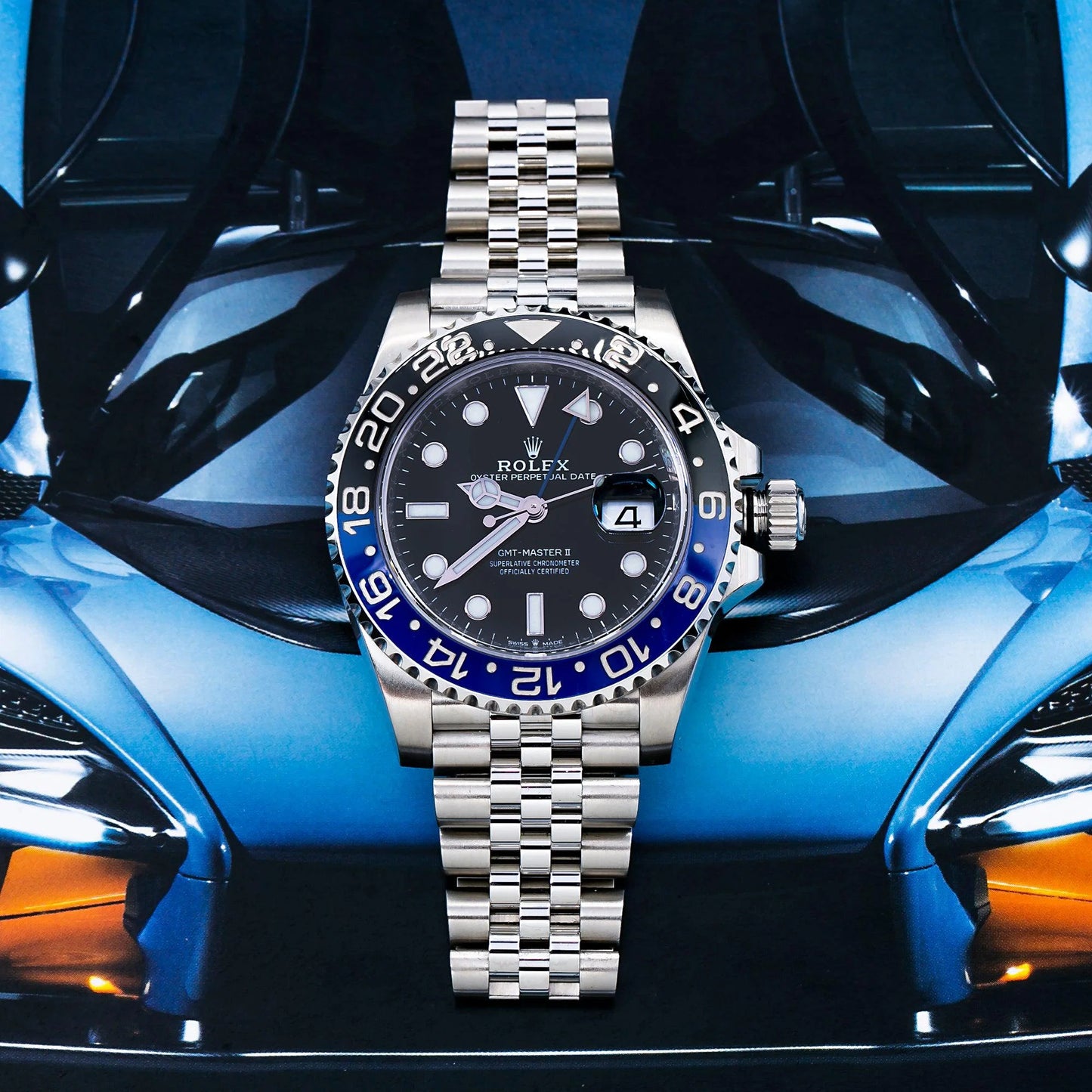 Rolex GMT-Master II 40mm 126710BLNR “Batgirl” — Black Dial, Black & Blue Ceramic Bezel, Jubilee Bracelet