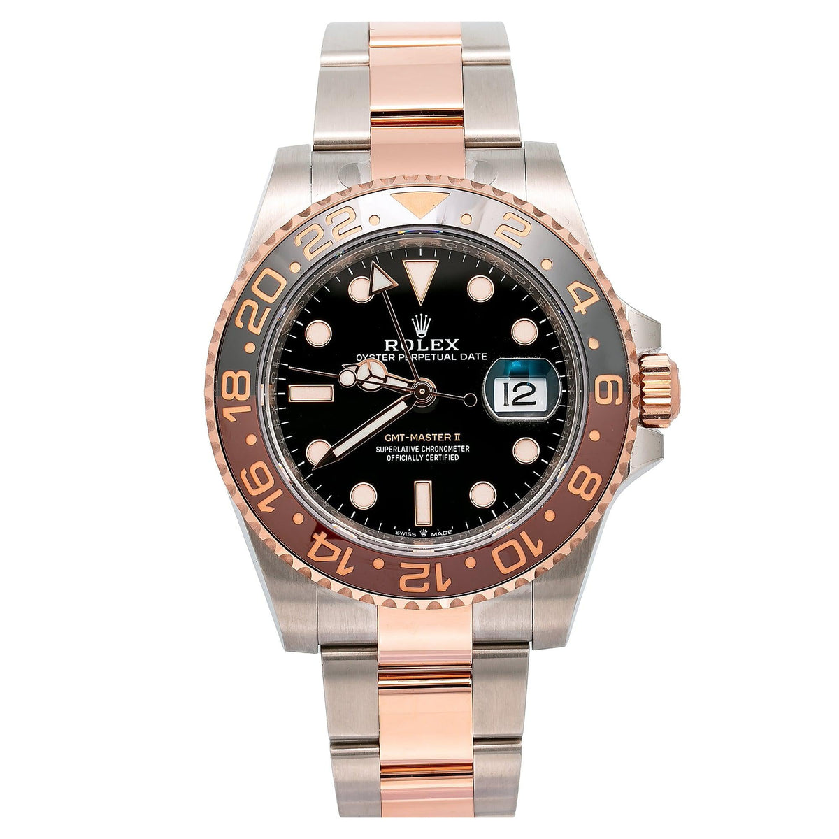 Rolex GMT-Master II 40MM 126711CHNR Root Beer Black Dial Black & Brown Ceramic Bezel Two Tone Rose Gold Oyster Bracelet front view