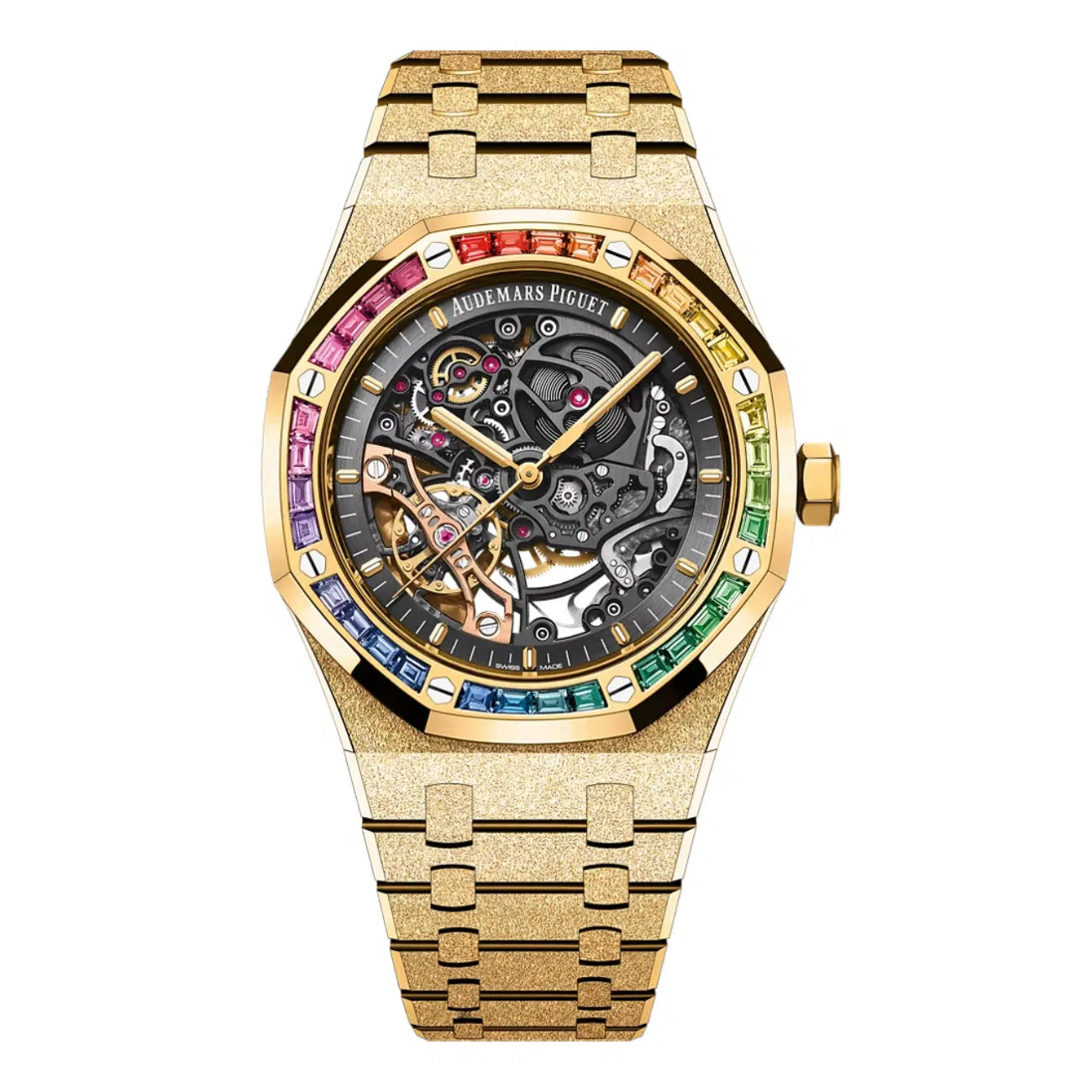 Audemars Piguet Royal Oak 15412BA.YG.1224BA.01-B Frosted Gold Skeleton Rainbow Bezel Watch