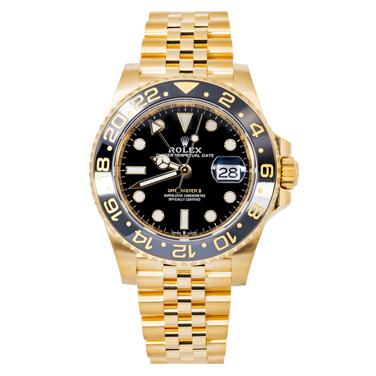 Rolex GMT-Master II 40MM 126718GRNR Black Dial Black Ceramic Bezel 18K Yellow Gold Jubilee Bracelet front view