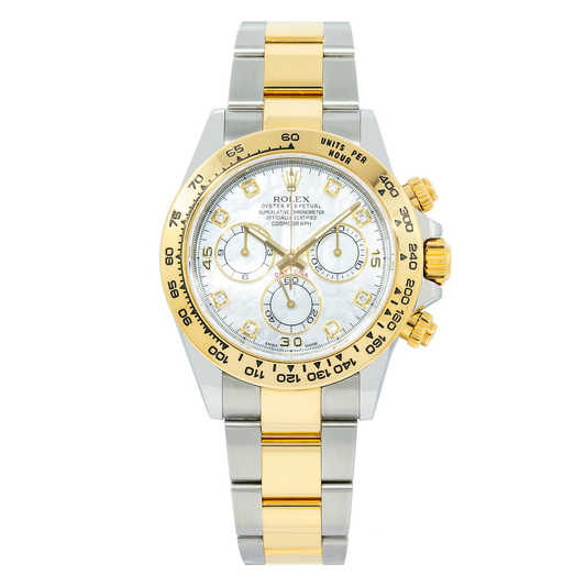 Rolex Cosmograph Daytona 40MM 116503 White Mother of Pearl Diamond Dial Tachymeter Bezel Two Tone Yellow Gold Oyster Bracelet front view