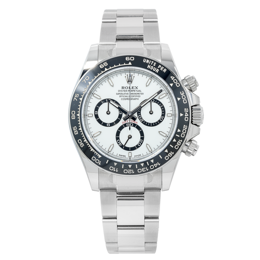 Rolex Cosmograph Daytona 40MM 126500LN White Dial Black Ceramic Tachymeter Bezel Stainless Steel Oyster Bracelet front view