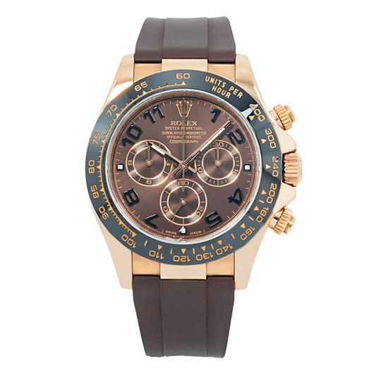 Rolex Cosmograph Daytona 40MM 116515LN Chocolate Arabic Dial Black Ceramic Tachymeter Bezel Brown Rubber Strap front view
