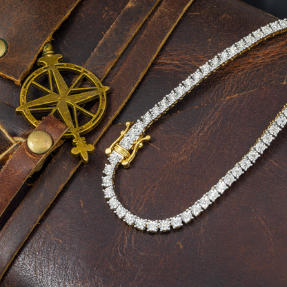 14K GOLD DIAMOND 3MM TENNIS CHAIN 3.27 CT shown around neck