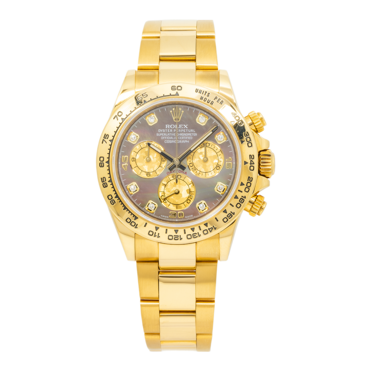 Rolex Cosmograph Daytona 40MM 116508 Black Mother of Pearl Diamond Dial Tachymeter Bezel 18K Yellow Gold Oyster Bracelet front view