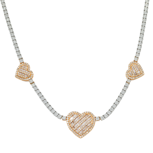 10K GOLD TWO TONE BAGUETTE AND ROUND DIAMOND HEART TENNIS CHAIN 3.00 CT product view