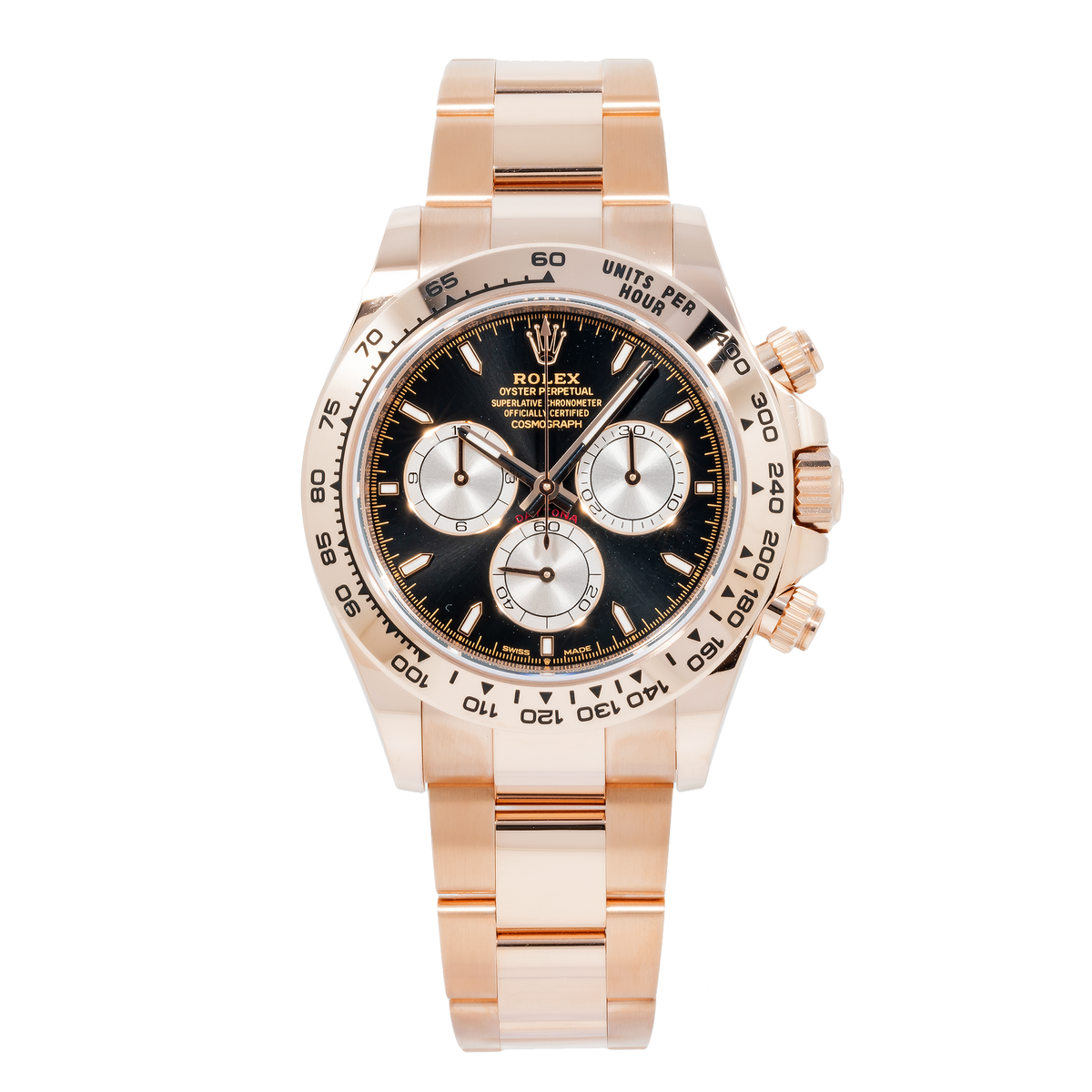 Rolex Cosmograph Daytona 40MM 126505 Black Dial Tachymeter Bezel 18K Rose Gold Oyster Bracelet front view
