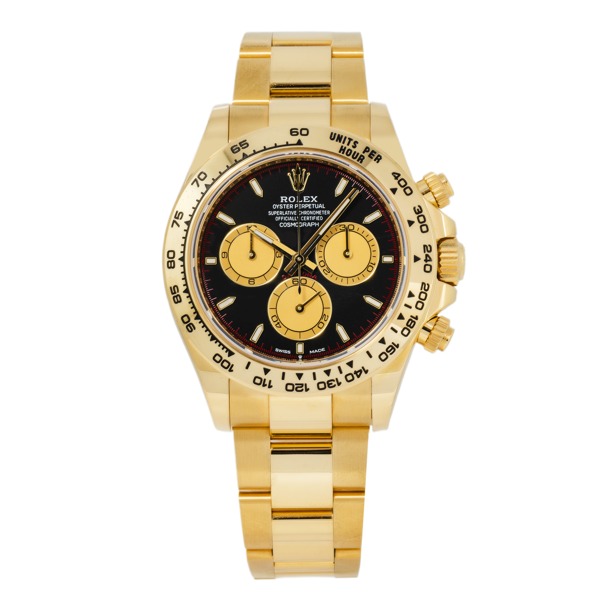 Rolex Daytona 40MM 126508 Paul Newman Black Dial Tachymeter Bezel 18K Yellow Gold Oyster Bracelet front view
