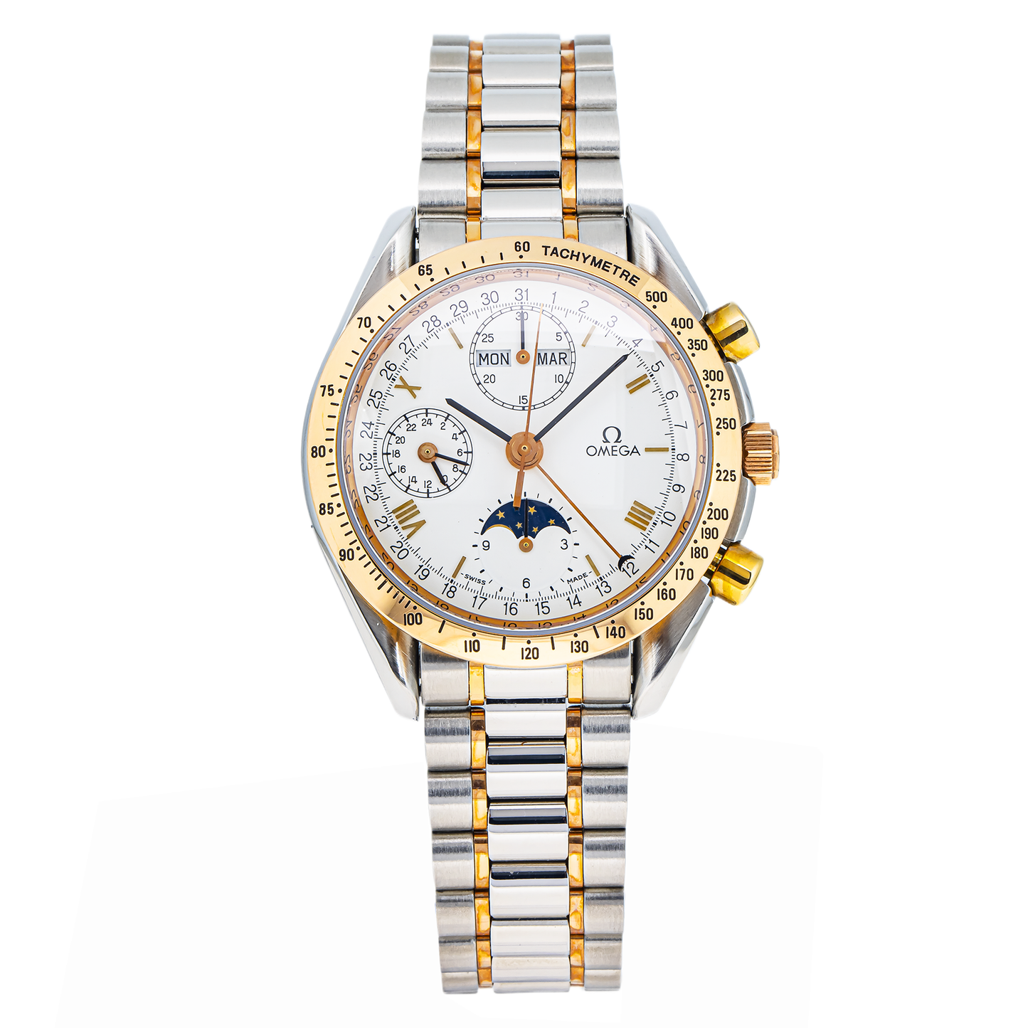 Omega Speedmaster Moonphase Triple Calendar Two-Tone White Dial – 3330.20.00