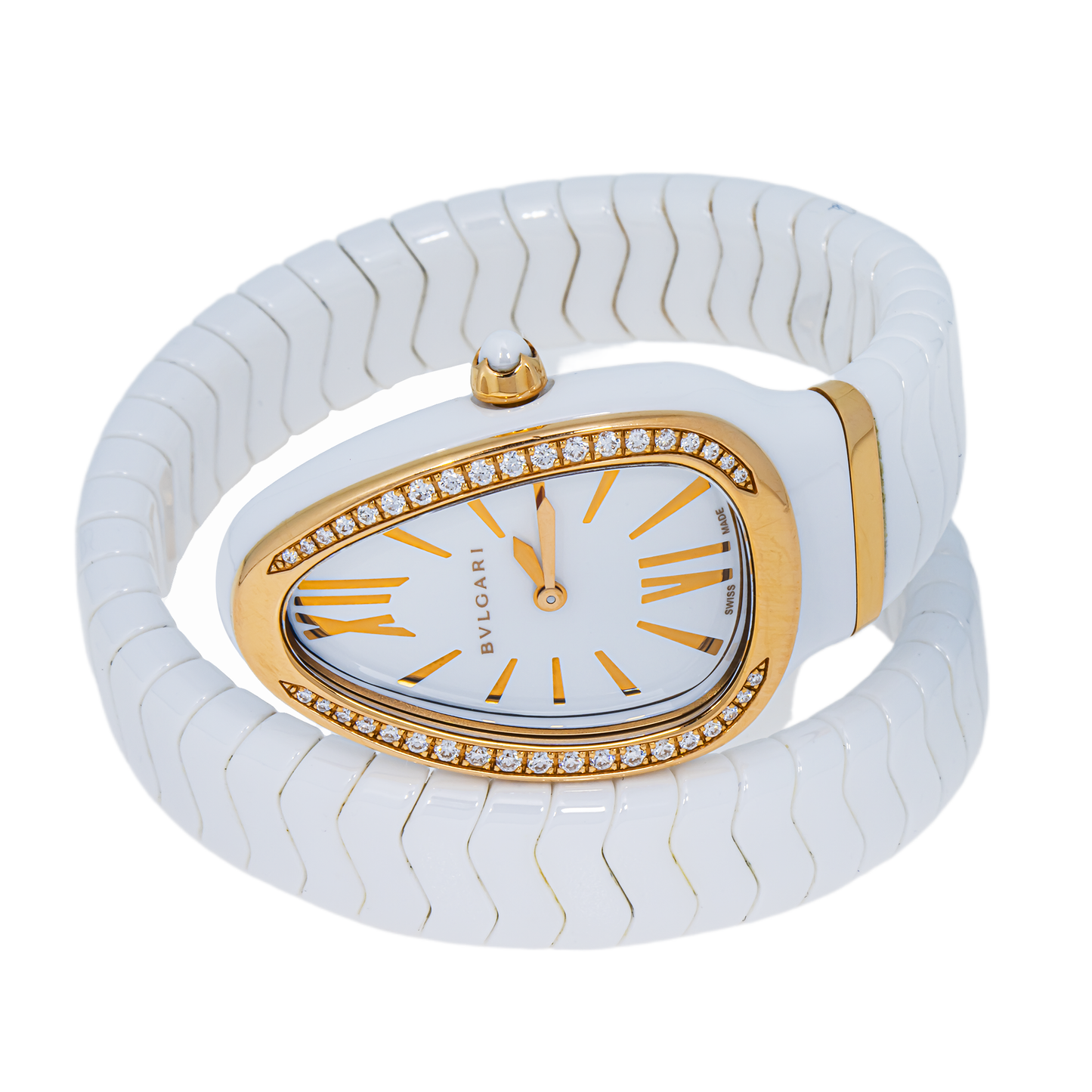 Bvlgari Serpenti Spiga White Ceramic 18K Rose Gold Diamond Watch – 102613