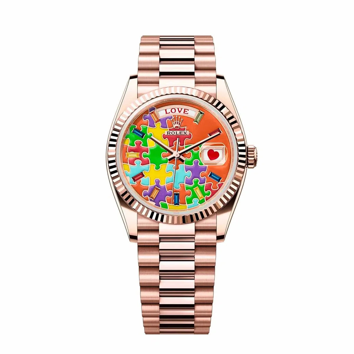 Rolex Day-Date 128235 Puzzle Dial Everose Gold President Bracelet 36MM