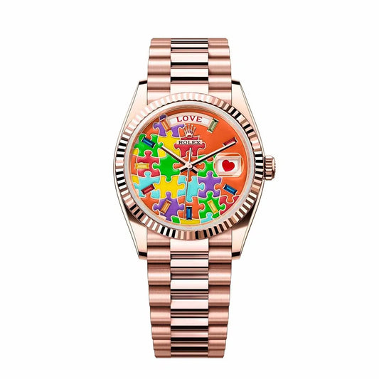Rolex Day-Date 128235 Puzzle Dial Everose Gold President Bracelet 36MM