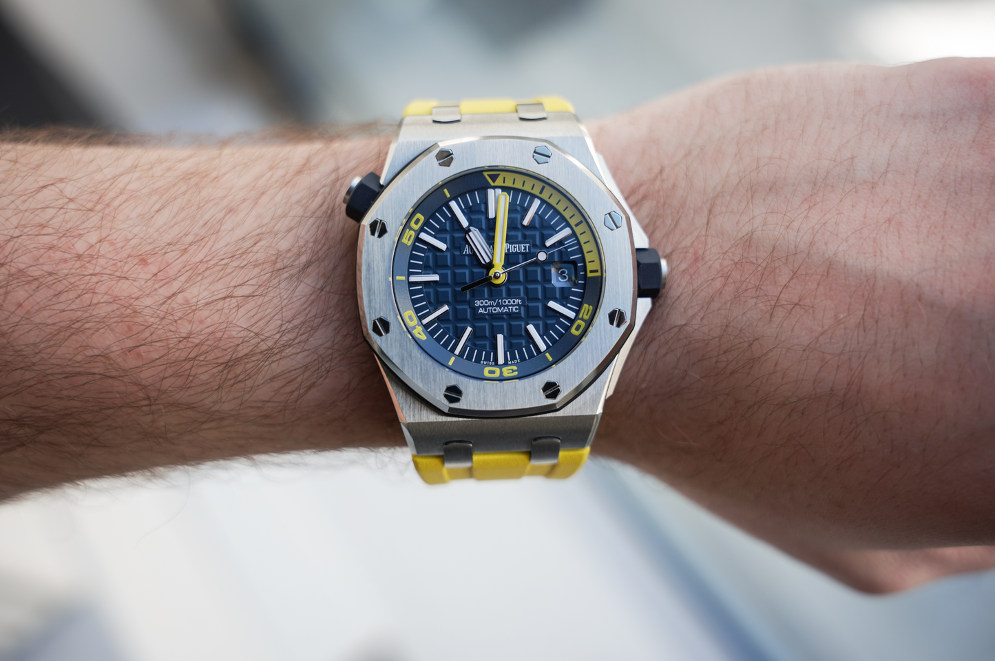Audemars Piguet Royal Oak Offshore Diver 15710ST.OO.A027CA.01 Blue Dial 42mm Stainless Steel Yellow Rubber Strap