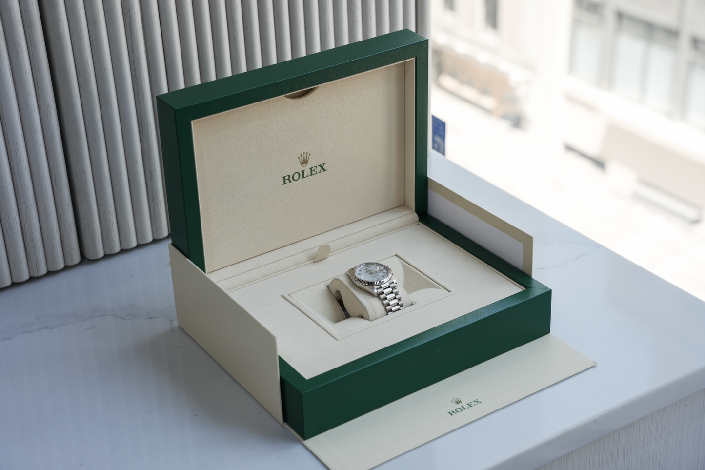 Rolex Day-Date 40 228239, 18k White Gold Case with Mother of Pearl Diamond Dial, President Bracelet