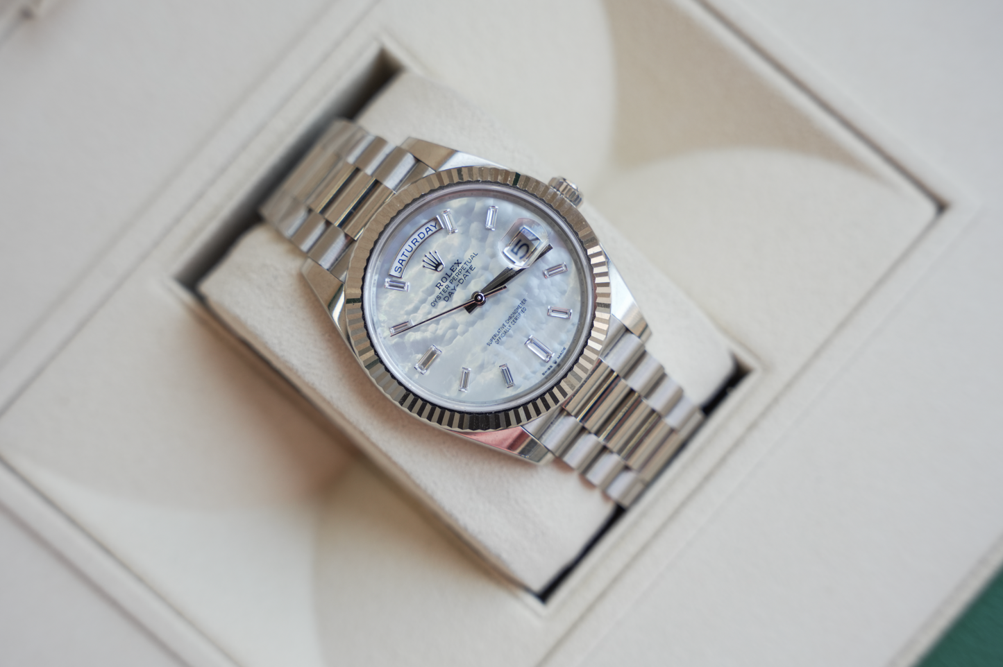 Rolex Day-Date 40 228239, 18k White Gold Case with Mother of Pearl Diamond Dial, President Bracelet