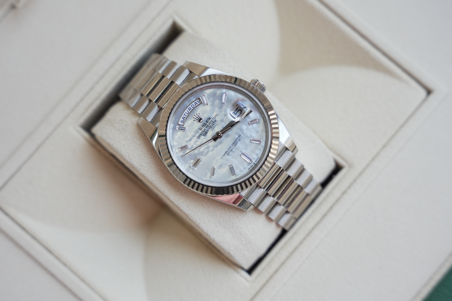 Rolex Day-Date 40 228239, 18k White Gold Case with Mother of Pearl Diamond Dial, President Bracelet