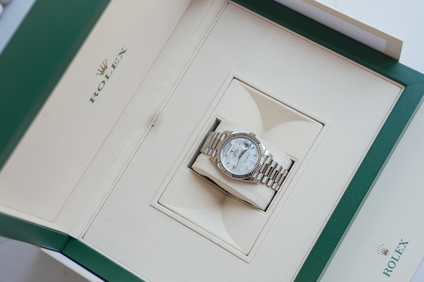 Rolex Day-Date 40 228239, 18k White Gold Case with Mother of Pearl Diamond Dial, President Bracelet