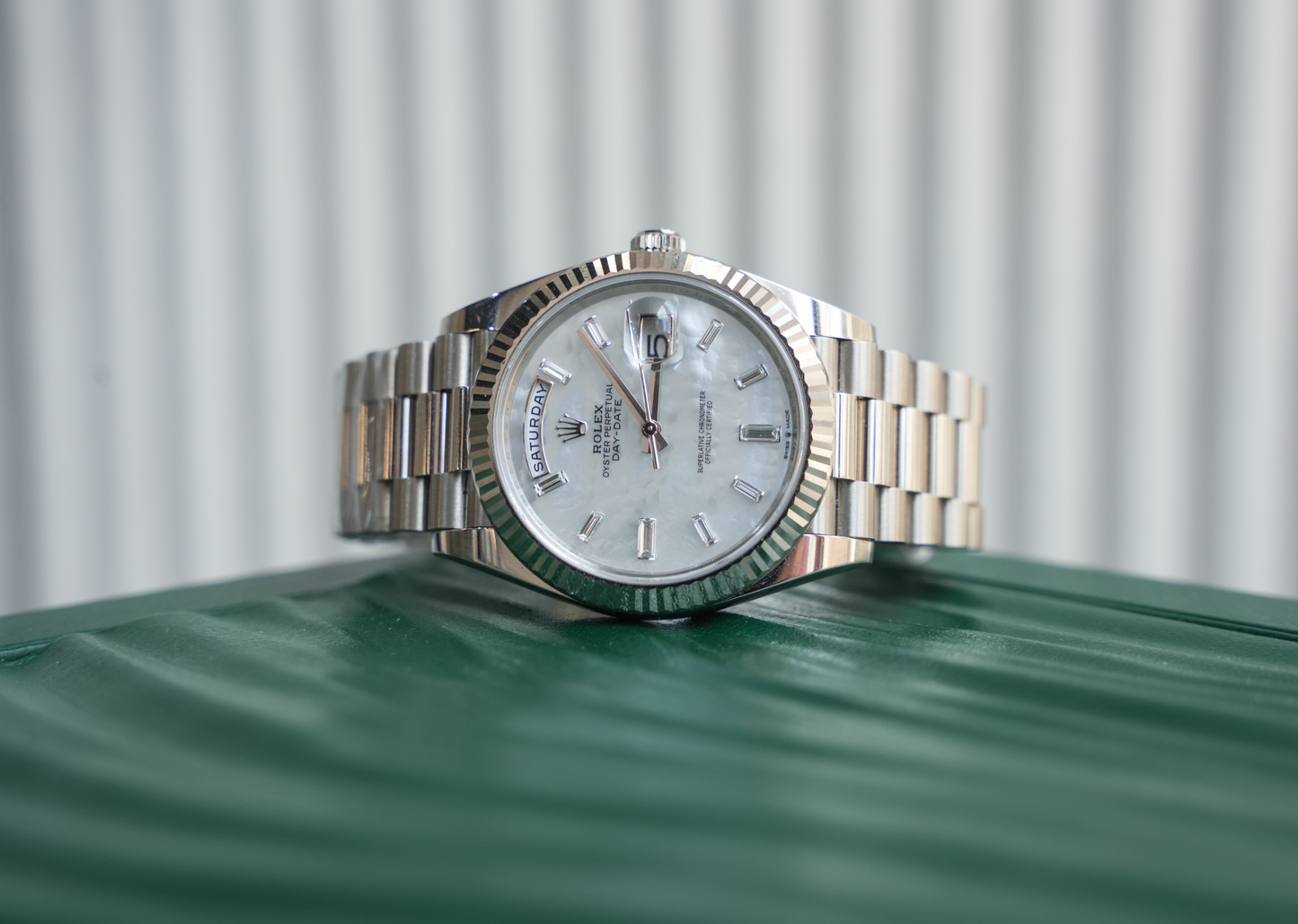 Rolex Day-Date 40 228239, 18k White Gold Case with Mother of Pearl Diamond Dial, President Bracelet